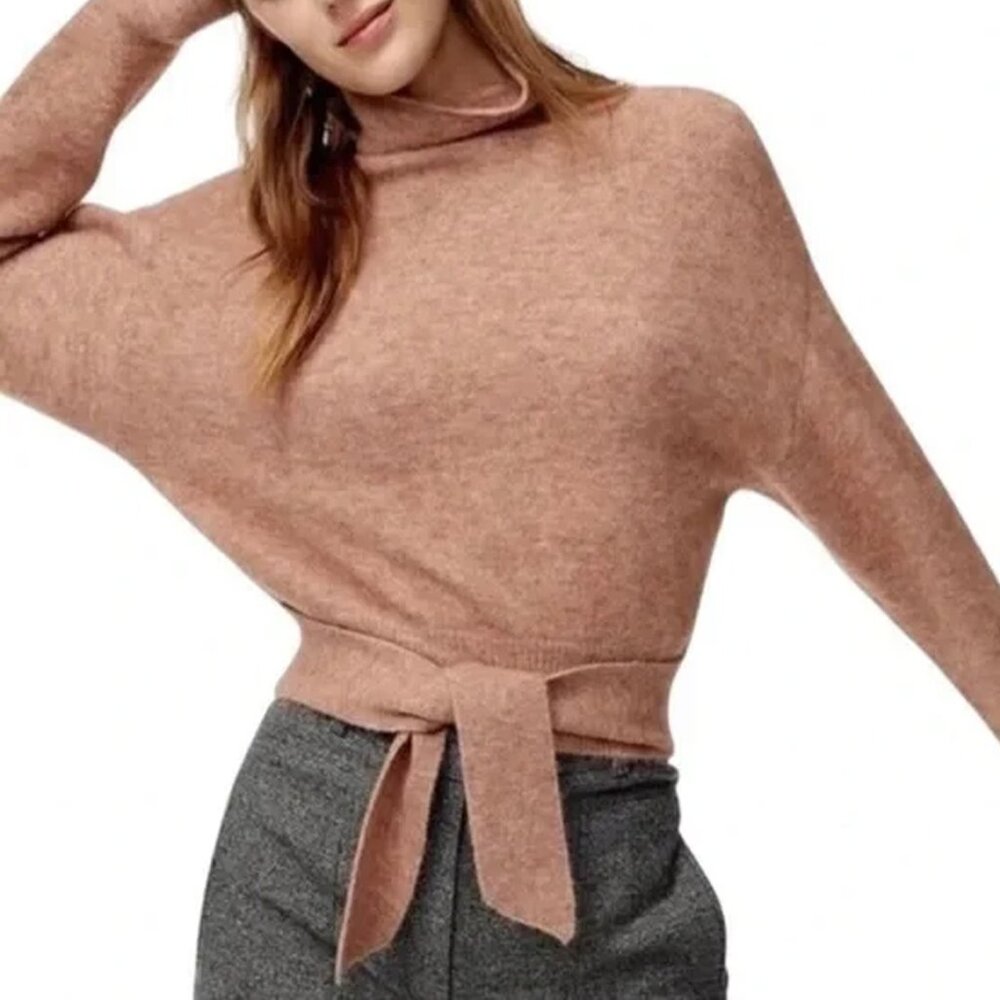 Aritzia Wilfred Lorin Beige Wool Tie Front Turtleneck Sweater Size S